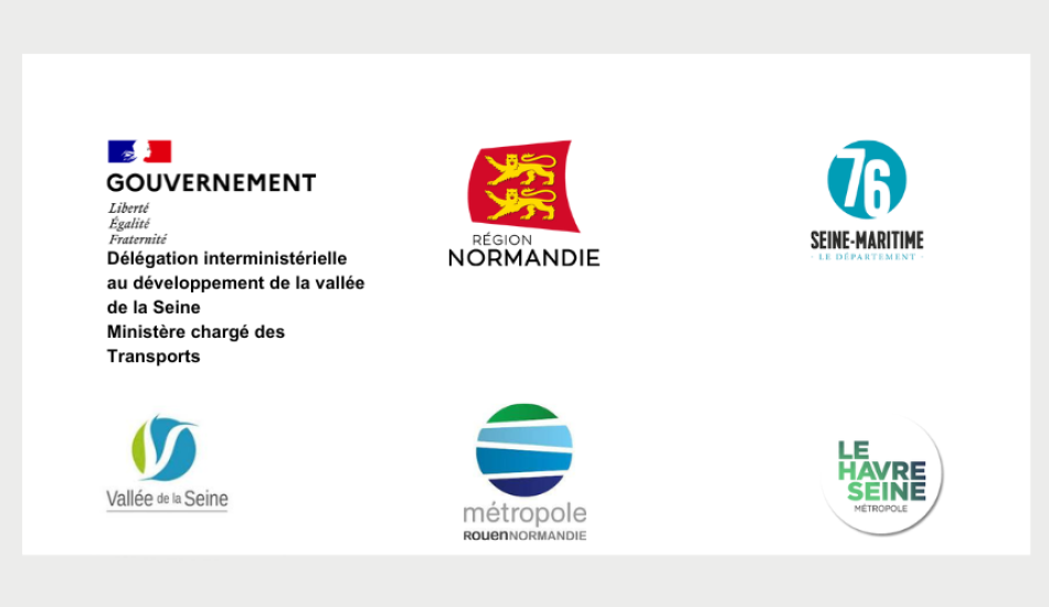 logos de l'Etat, de la région Normandie, du département Seine-Maritime, de la  Vallée de la Seine, de la métropole Rouen Normandie et de  la métropole Le Havre Seine